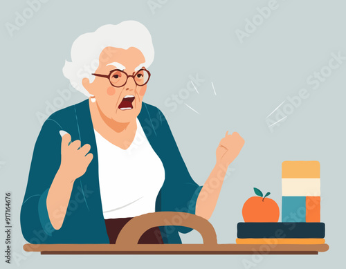 Angry grandma. Angry teacher. Wife getting angry while waiting for husband.
