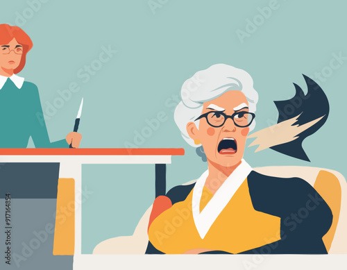 Angry grandma. Angry teacher. Wife getting angry while waiting for husband.
