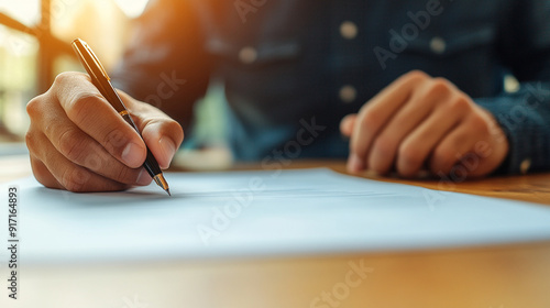 businessman’s hands holding a pen while writing on paper. The scene emphasizes attention to detail, professionalism, and commitment. Ideal for themes related to business, finance, and productivity