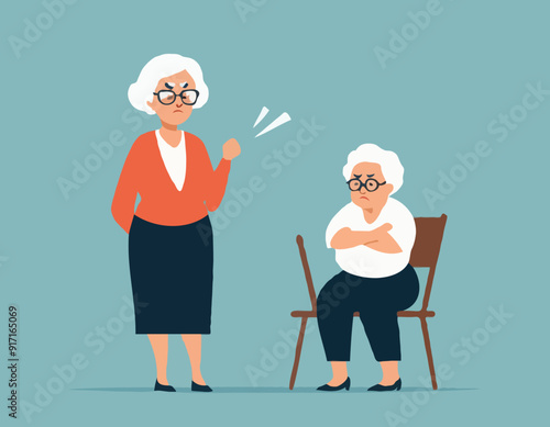 Angry grandma. Angry teacher. Wife getting angry while waiting for husband.
