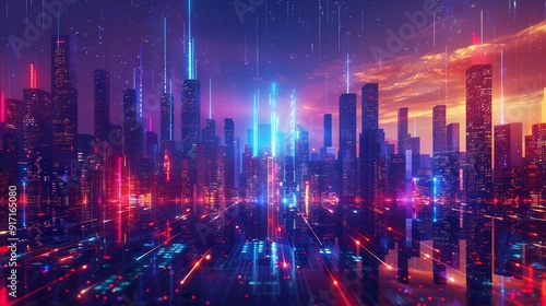 Cyberpunk Cityscape: Neon Lights and Digital Rain