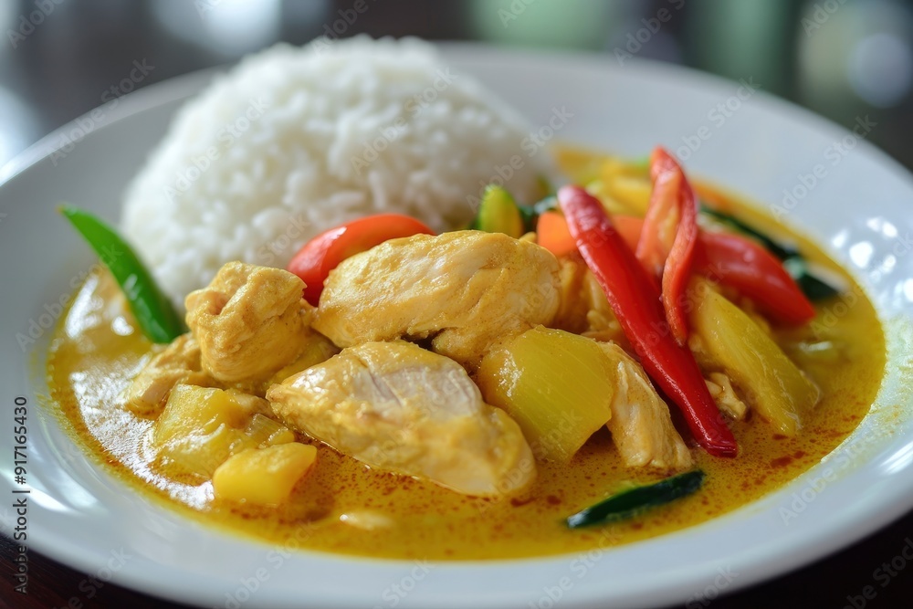 asian food, chicken meat in yellow thai curry sauce with vegetables and rice on plate, ai asian food, chicken meat in yellow thai curry sauce with vegetables and rice on plate, ai