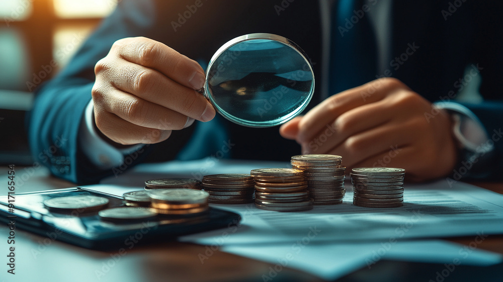 hand holds a magnifying glass, closely examining a stack of coins. The image symbolizes financial scrutiny, careful analysis, and the importance of detail in money management and investment decisions hand holds a magnifying glass, closely examining a stack of coins. The image symbolizes financial scrutiny, careful analysis, and the importance of detail in money management and investment decisions
