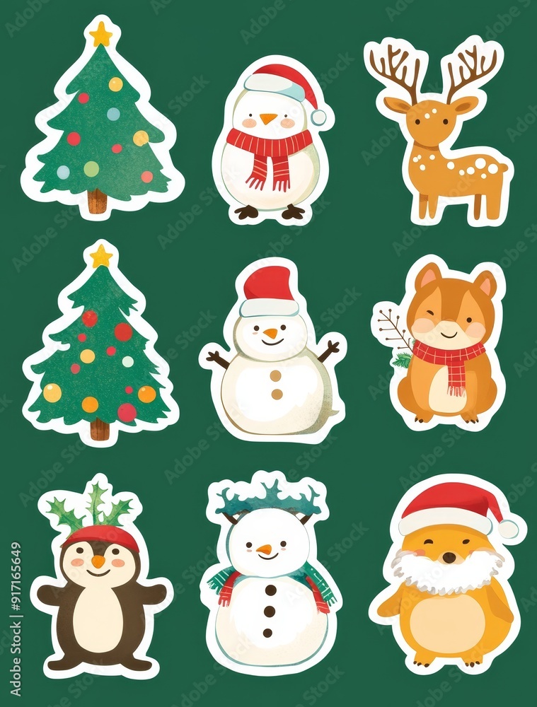 Set of Christmas illustration stickers decorations and decor isolated on background Set of Christmas illustration stickers decorations and decor isolated on background