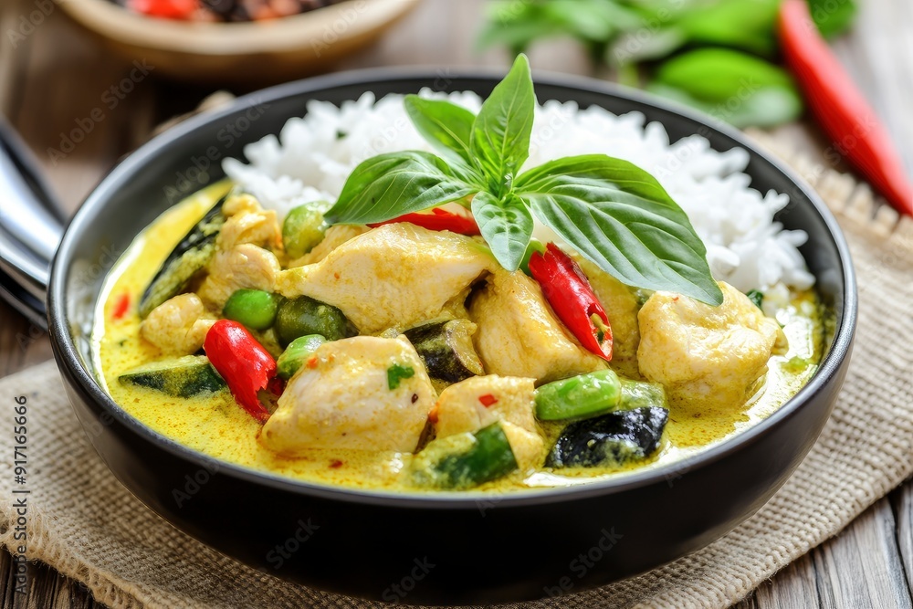 asian food, chicken meat in yellow thai curry sauce with vegetables and rice on plate, ai asian food, chicken meat in yellow thai curry sauce with vegetables and rice on plate, ai