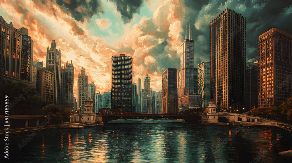 Fototapeta premium A stunning sunset over the Chicago skyline with skyscrapers and the river in view, capturing the essence of an urban cityscape