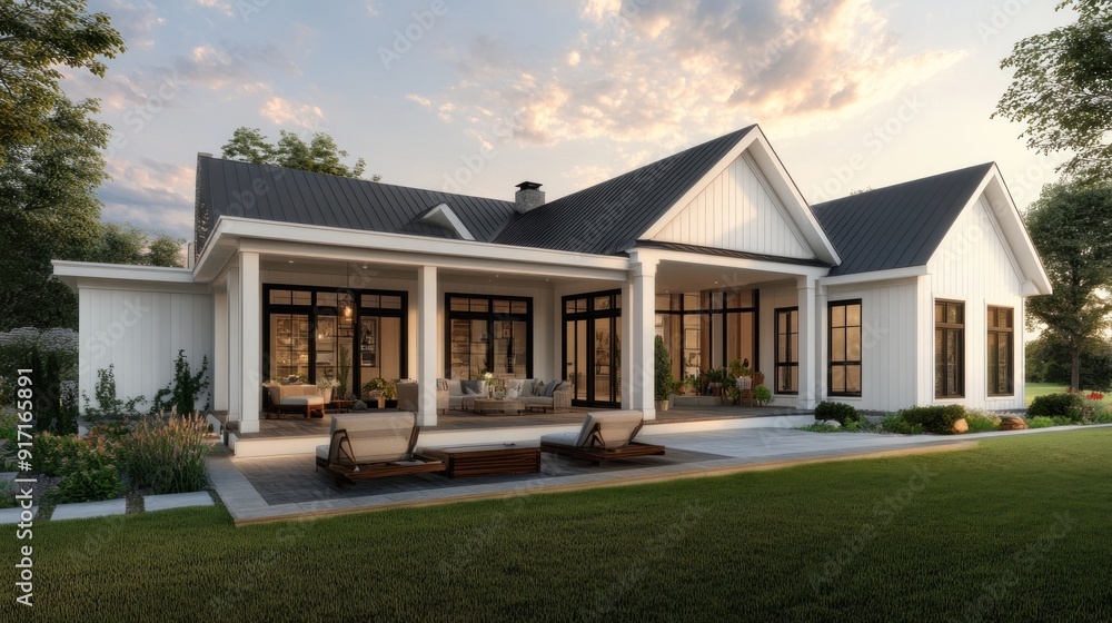 Modern farmhouse with large windows overlooking a patio with lounge chairs and a green lawn. Modern farmhouse with large windows overlooking a patio with lounge chairs and a green lawn.
