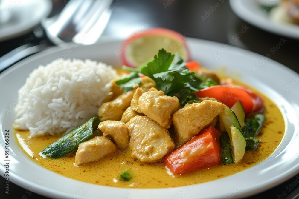 asian food, chicken meat in yellow thai curry sauce with vegetables and rice on plate, ai asian food, chicken meat in yellow thai curry sauce with vegetables and rice on plate, ai