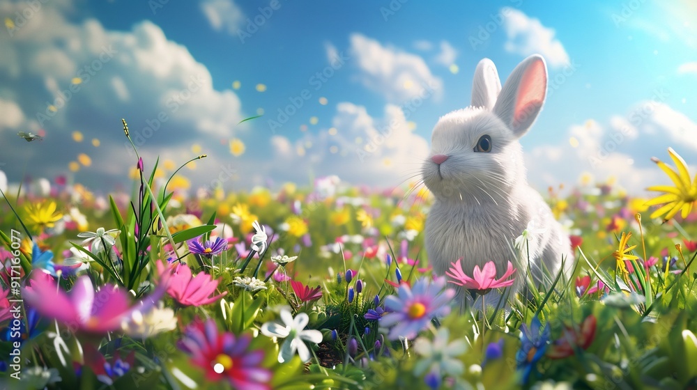 A Fluffy White Bunny in a Field of Blooming Flowers A Fluffy White Bunny in a Field of Blooming Flowers