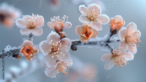 Wallpaper Mural Delicate branches covered in a light frost, with small winter flowers blooming against the icy background, capturing the beauty of nature in the cold.  Torontodigital.ca