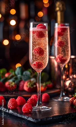 a glass of champagne with raspberries. 