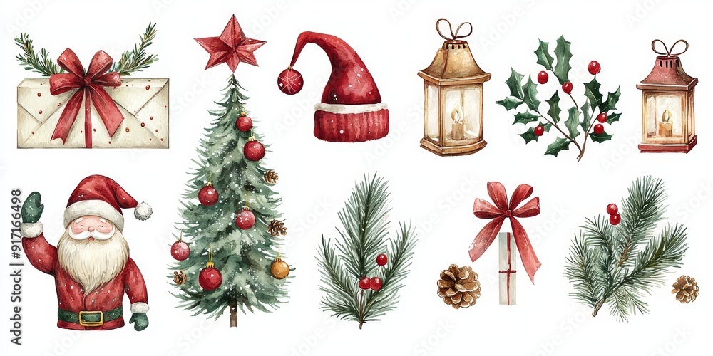 Set of Christmas illustrative art decorations and decor isolated on white background Set of Christmas illustrative art decorations and decor isolated on white background