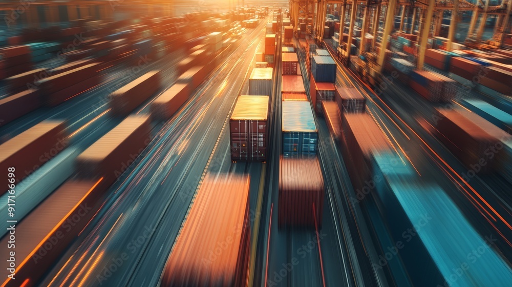 A dynamic, motion-blurred image of a bustling shipping port at sunset, showcasing the vibrant activity of cargo containers and logistics. A dynamic, motion-blurred image of a bustling shipping port at sunset, showcasing the vibrant activity of cargo containers and logistics.