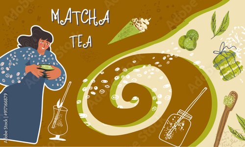Collage matcha tea, matcha latte hand drawn vector illustration flat design.