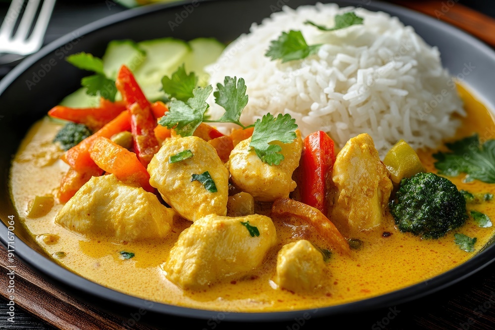asian food, chicken meat in yellow thai curry sauce with vegetables and rice on plate, ai asian food, chicken meat in yellow thai curry sauce with vegetables and rice on plate, ai