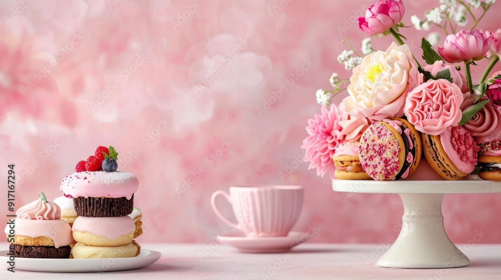 Assorted festive Mother's Day baked goods with floral decorations, delightful yummies, editorial photography, empty copy space on the right Assorted festive Mother's Day baked goods with floral decorations, delightful yummies, editorial photography, empty copy space on the right