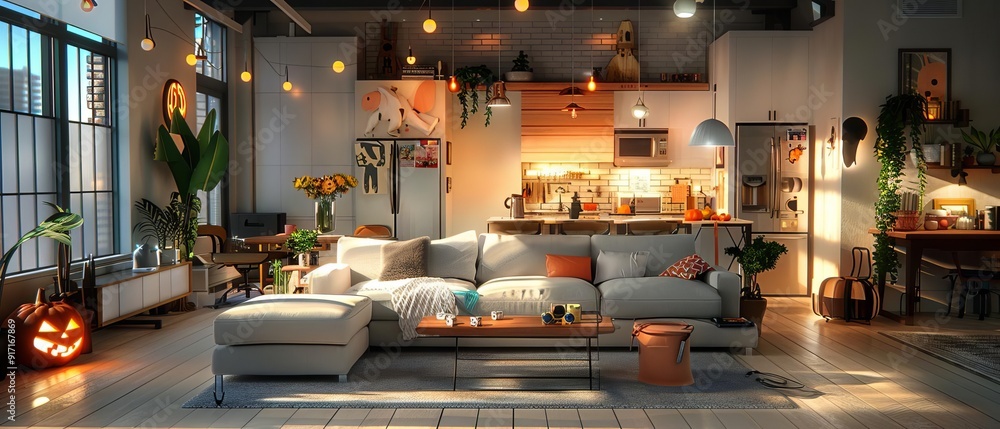 A living room setup for a Halloween game night with props, friends in creative outfits, and a drink station with festive beverages A living room setup for a Halloween game night with props, friends in creative outfits, and a drink station with festive beverages