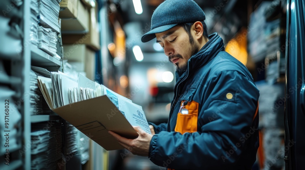Warehouse Worker Sorting Files in Brown Folder Warehouse Worker Sorting Files in Brown Folder