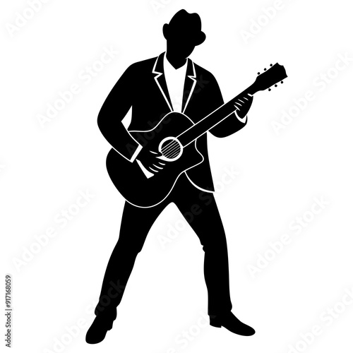 man playing guitar vector silhouette with a white background