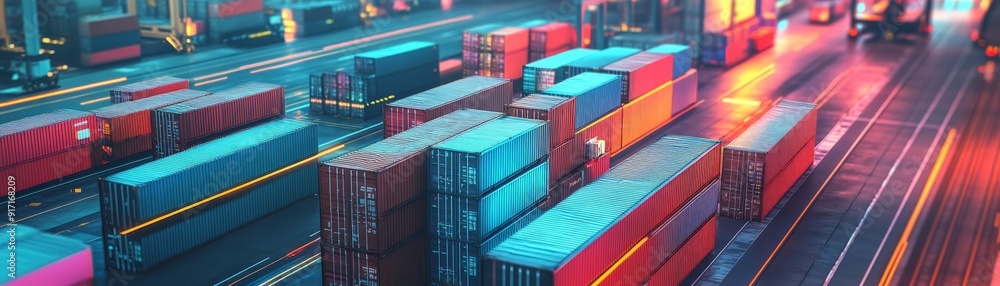 A vibrant port scene with colorful shipping containers and industrial ...
