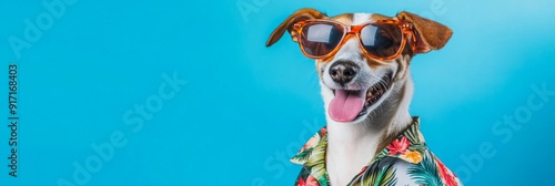Sunny Side Up: A Stylish Dog in Sunglasses and a Tropical Shirt Exuding Cool and Playful Vibes for Summer, Pet, and Vacation Themes