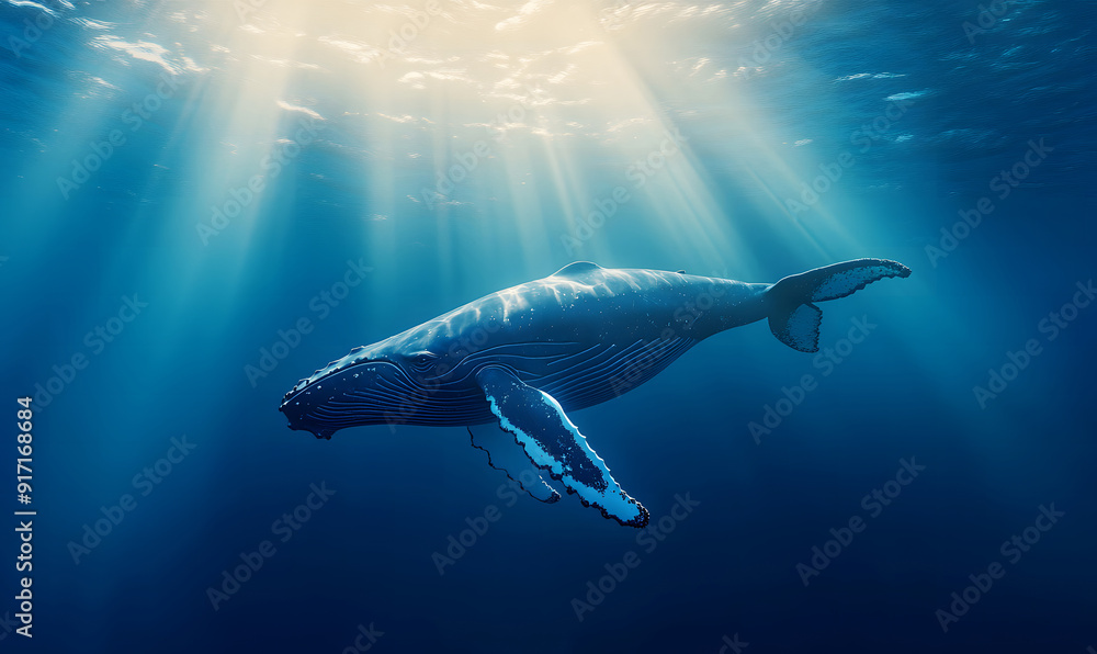 Fototapeta premium Close-Up Macro Shot of a Majestic Humpback Whale, Sunlit Ocean Waters. Nature Photography Background Wallpaper design