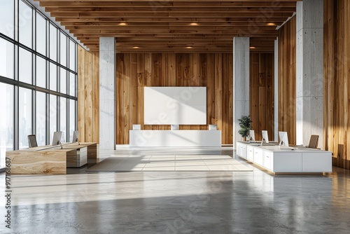 Modern open space office with white desks, wooden walls, and concrete floor featuring glass windows, minimalist design and sleek aesthetics.