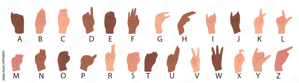 Sign Language. Set of hands in doodle style isolated human arms. vector illustration for ASL education poster, card, brochure, canvas, website, books Sign Language. Set of hands in doodle style isolated human arms. vector illustration for ASL education poster, card, brochure, canvas, website, books