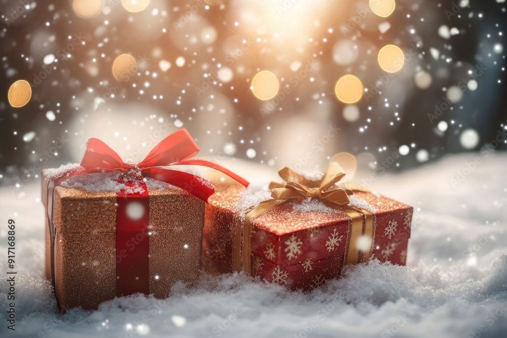 christmas gift boxes in snow with glitter and bokeh effect, ai christmas gift boxes in snow with glitter and bokeh effect, ai