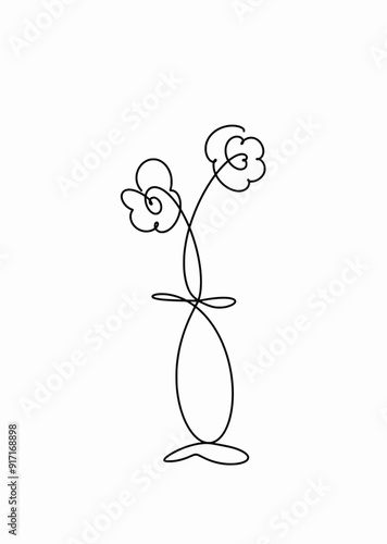 Continuous one line of vase with two flowers isolated on white background, Simple doodle cartoon hand drawn vector Illustration, vector filled outline