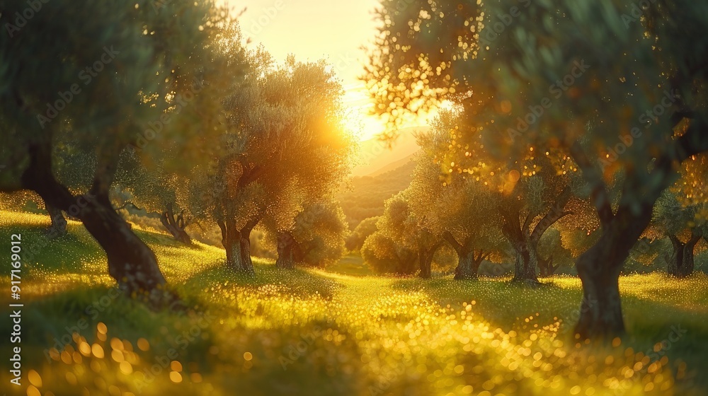 An olive grove bathed in warm sunlight, with the silver-green leaves of the olive trees creating a serene and timeless landscape An olive grove bathed in warm sunlight, with the silver-green leaves of the olive trees creating a serene and timeless landscape