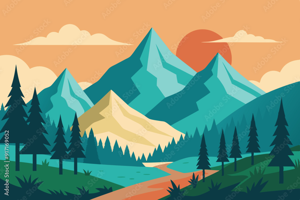 Fototapeta premium Nature illustration with mountains and forest 