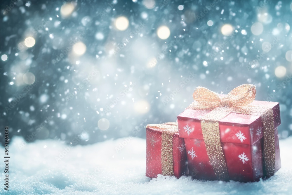 christmas gift boxes in snow with glitter and bokeh effect, ai christmas gift boxes in snow with glitter and bokeh effect, ai