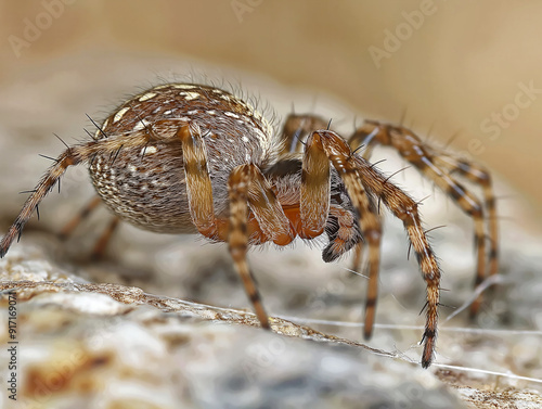 A spider is on a rock. The spider is brown and white photo