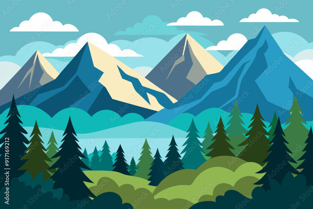 Fototapeta premium Nature illustration with mountains and forest 