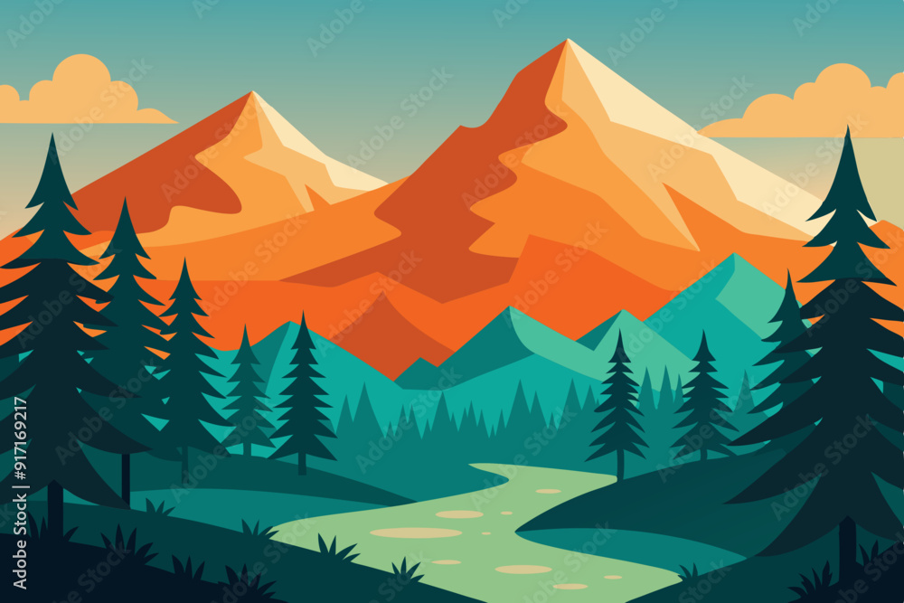 Nature illustration with mountains and forest Nature illustration with mountains and forest