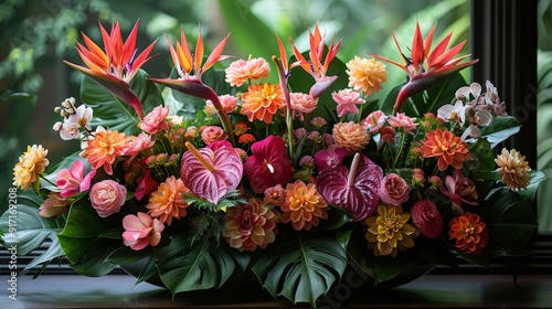 Wallpaper Mural A vibrant arrangement of tropical flowers such as birds of paradise, heliconias, and anthuriums, set against large green leaves, creating an exotic and colorful display. Torontodigital.ca