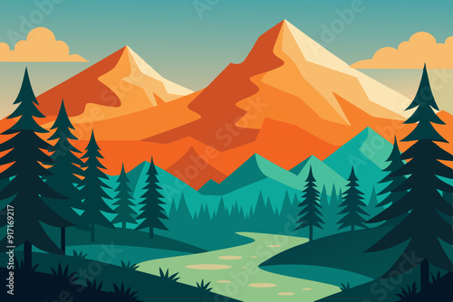 Nature illustration with mountains and forest 