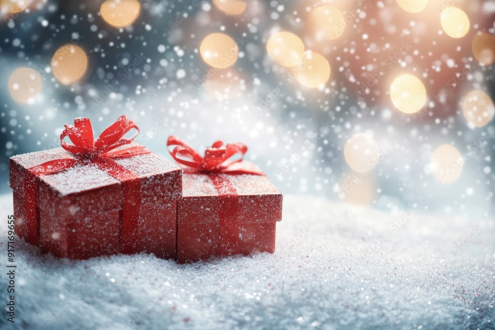 christmas gift boxes in snow with glitter and bokeh effect, ai christmas gift boxes in snow with glitter and bokeh effect, ai