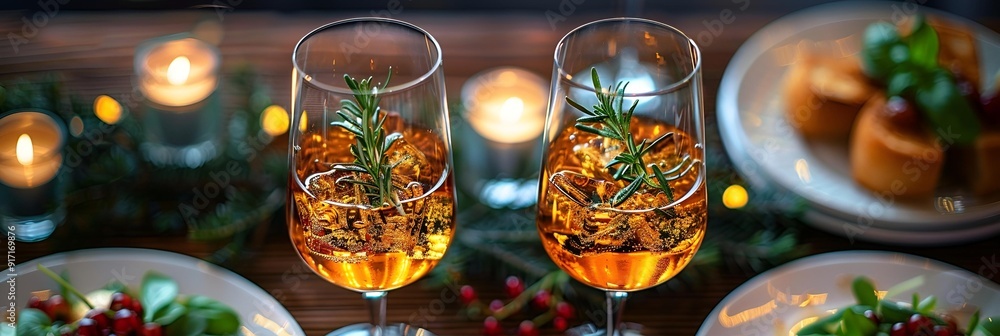 two glasses of wine with a sprig of rosemary. two glasses of wine with a sprig of rosemary.