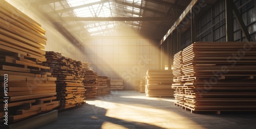 Wallpaper Mural Sunny Lumberyard Haven: A Timber Warehouse Brimming with Planks, Sunlight Bathing the Industrial Space in a Warm and Serene Atmosphere Torontodigital.ca