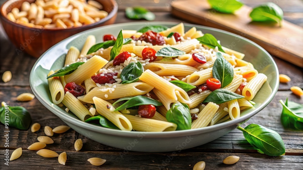 Gourmet penne pasta salad with spinach, sun-dried tomatoes, pine nuts, and parmesan cheese, gourmet, pasta Gourmet penne pasta salad with spinach, sun-dried tomatoes, pine nuts, and parmesan cheese, gourmet, pasta