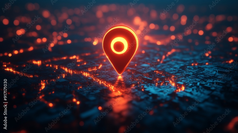 City map with bright glowing location pin City map with bright glowing location pin