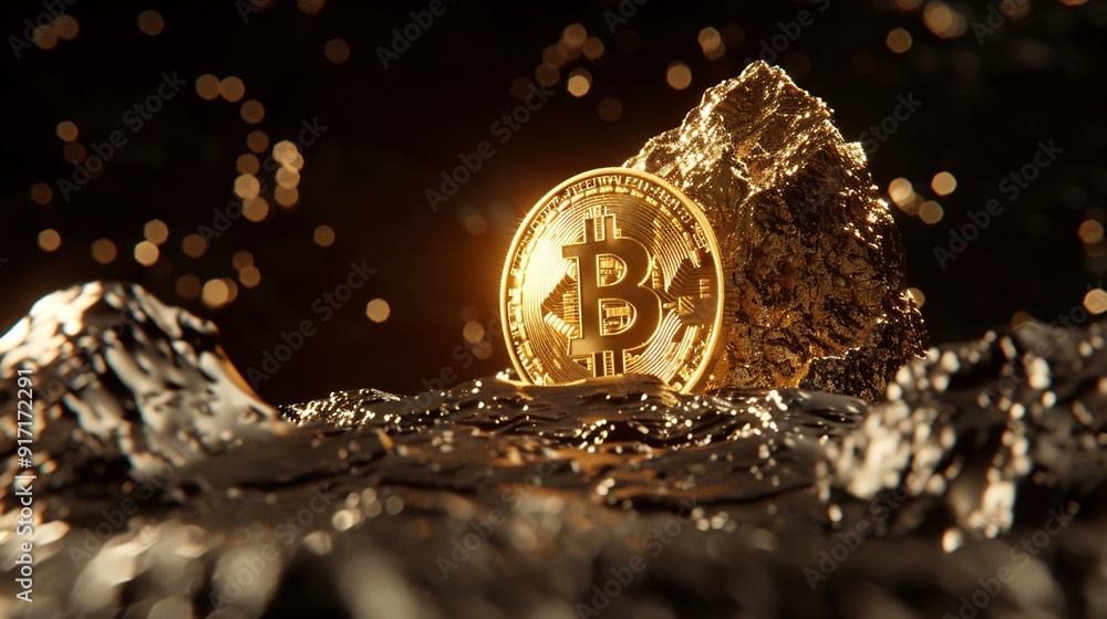 Golden Bitcoin Coin Among Rocks Golden Bitcoin Coin Among Rocks