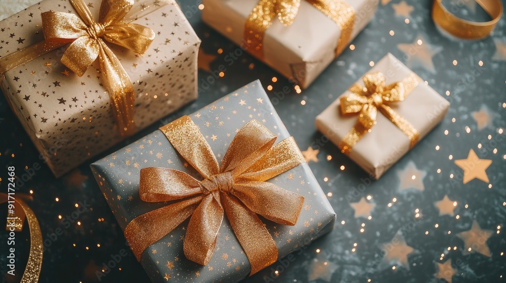 gifts with golden bows and ribbons placed on background near stars with copy space gifts with golden bows and ribbons placed on background near stars with copy space