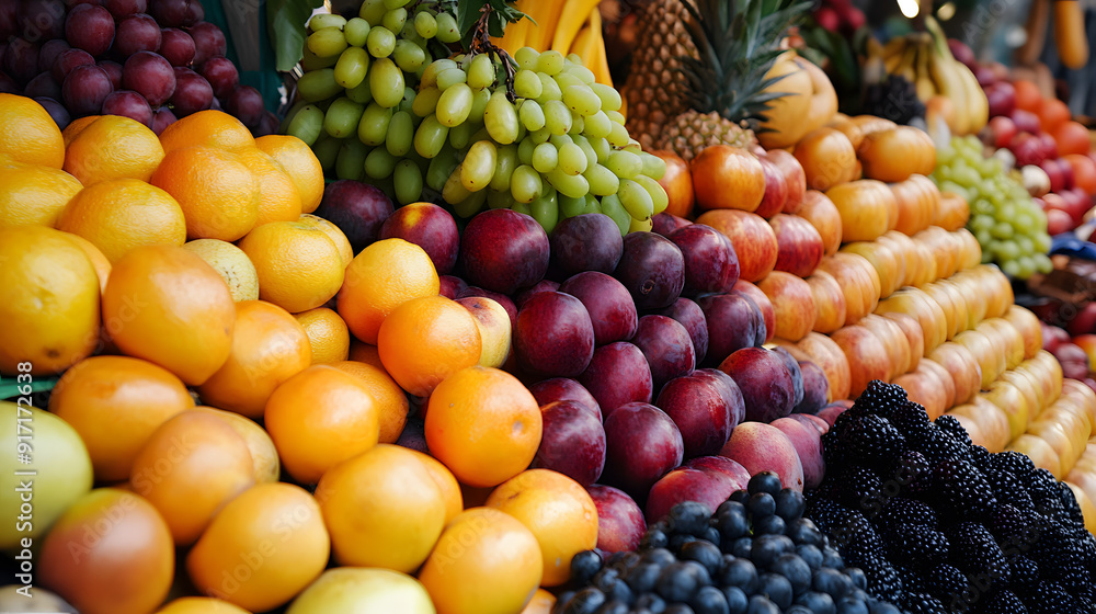 Fresh fruits and vegetables at the market including apples, oranges, grapes, bananas, and pineapples Fresh fruits and vegetables at the market including apples, oranges, grapes, bananas, and pineapples