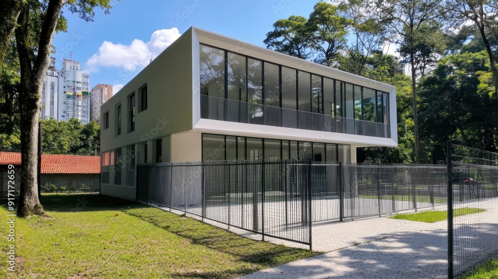 Modern white building with large windows and a metal fence in front of it. Modern white building with large windows and a metal fence in front of it.