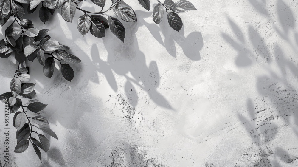 Natural leaves casting shadows on gray background with white concrete wall texture, artistic monochrome nature scene. Natural leaves casting shadows on gray background with white concrete wall texture, artistic monochrome nature scene.