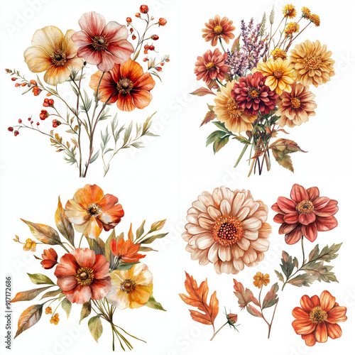 Autumn flower in watercolor on white background