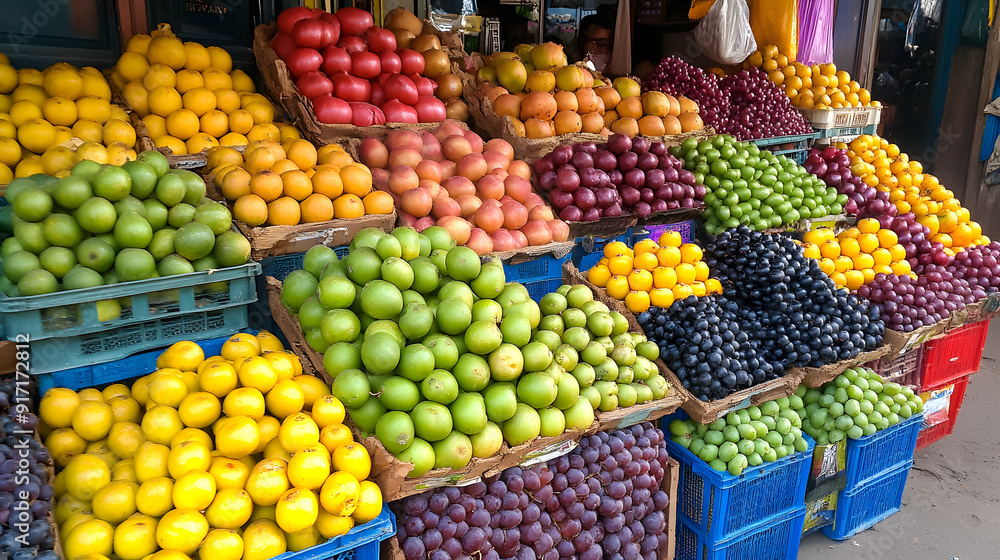 Fresh fruits and vegetables at the market including apples, oranges, grapes, bananas, and pineapples Fresh fruits and vegetables at the market including apples, oranges, grapes, bananas, and pineapples